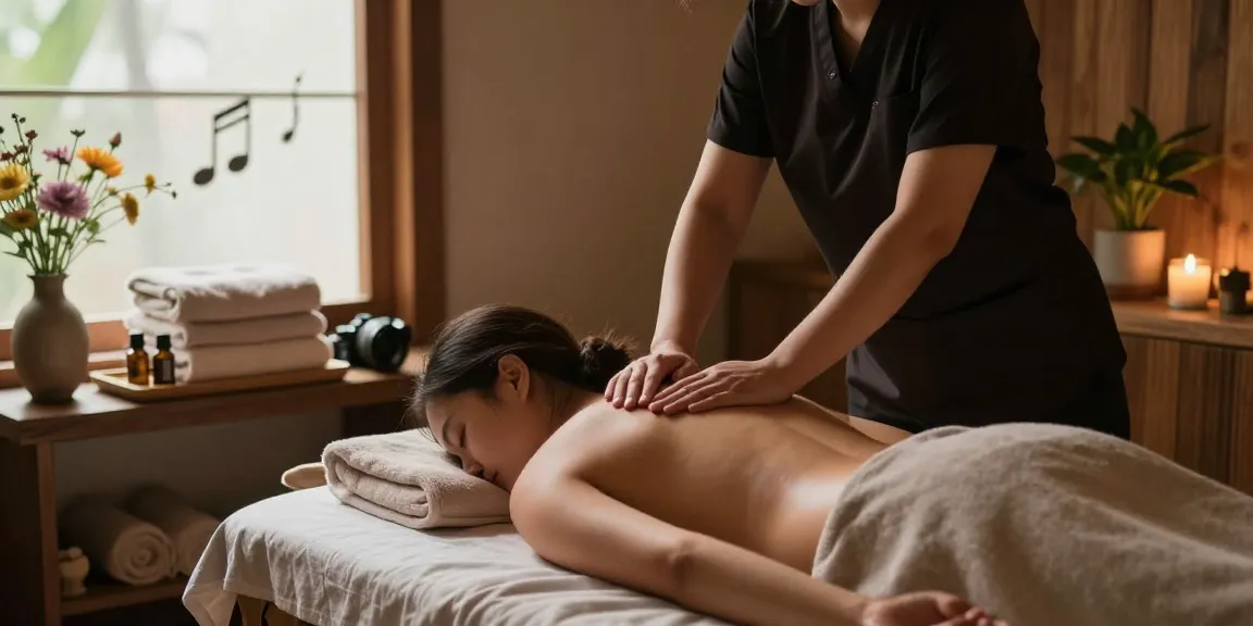 파주출장마사지 session in a serene spa, therapist soothingly treating a client.